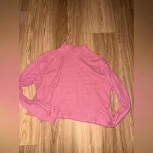 Women's Pink Long Sleeve Waffle Knit Mock Neck Top CROPPED